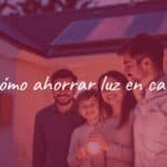 A cozy modern home with energy-saving LED bulbs, a smiling family turning off lights, and solar panels on the roof, warm natural lighting.