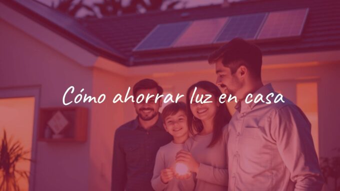 A cozy modern home with energy-saving LED bulbs, a smiling family turning off lights, and solar panels on the roof, warm natural lighting.