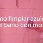 Dirty bathroom tiles with mold, cleaning process with vinegar and brush, realistic, hygienic atmosphere.